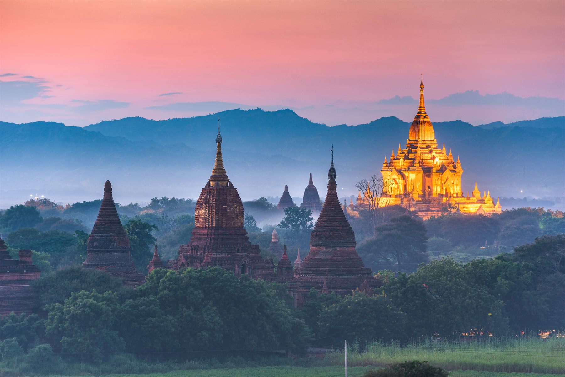 Ancient temples of Bagan in misty dusk light, one golden temple lit up, Myanmar